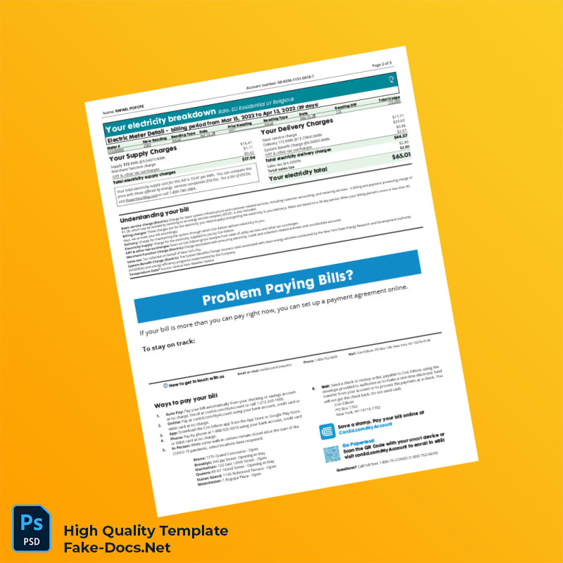 USA ConEdison Editable Energy Bill Template in Word and PDF formats 3 page USA ConEdison Editable Energy Bill Template in Word and PDF formats 3 page