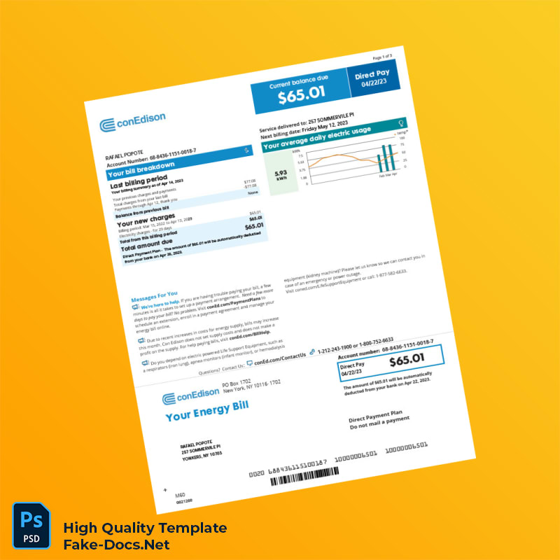 USA ConEdison Editable Energy Bill Template in Word and PDF formats 3 page USA ConEdison Editable Energy Bill Template in Word and PDF formats 3 page