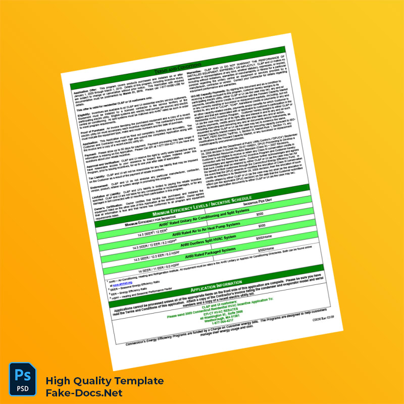 USA Connecticut Light Power Editable HVAC Incentive Application Template in Word and PDF formats 2 page USA Connecticut Light Power Editable HVAC Incentive Application Template in Word and PDF formats 2 page