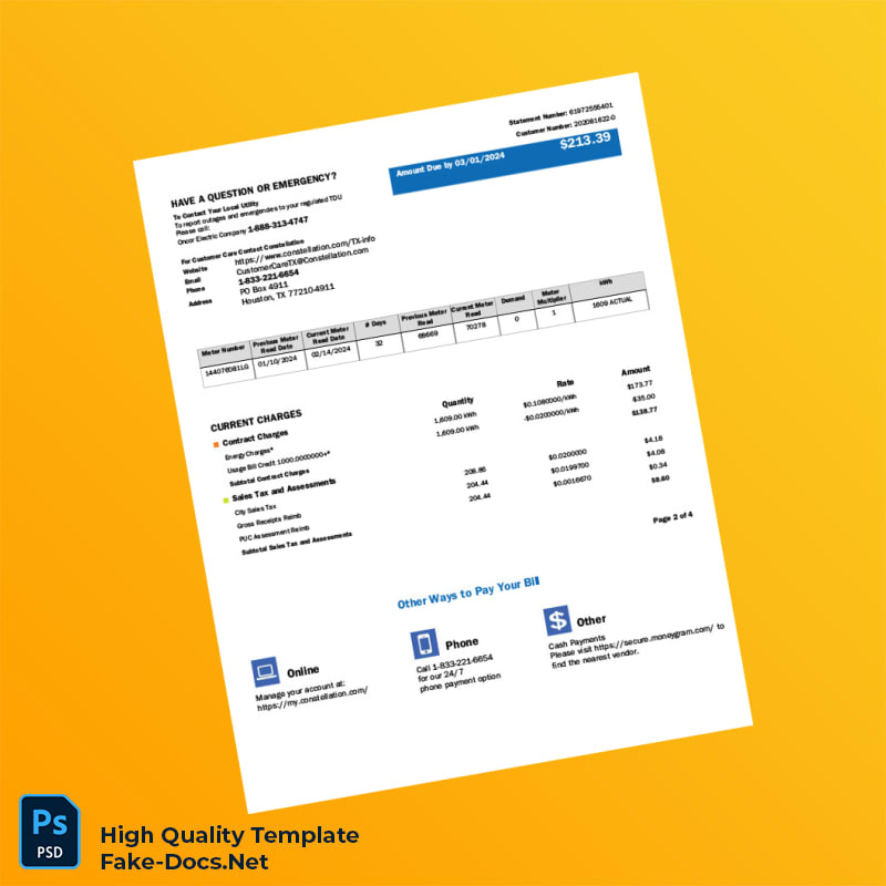 USA Constellation Editable Electricity Bill Template in Word and PDF formats 6 page USA Constellation Editable Electricity Bill Template in Word and PDF formats 6 page
