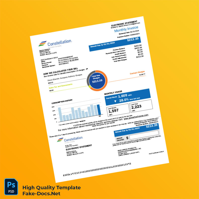 USA Constellation Editable Electricity Bill Template in Word and PDF formats 6 page USA Constellation Editable Electricity Bill Template in Word and PDF formats 6 page