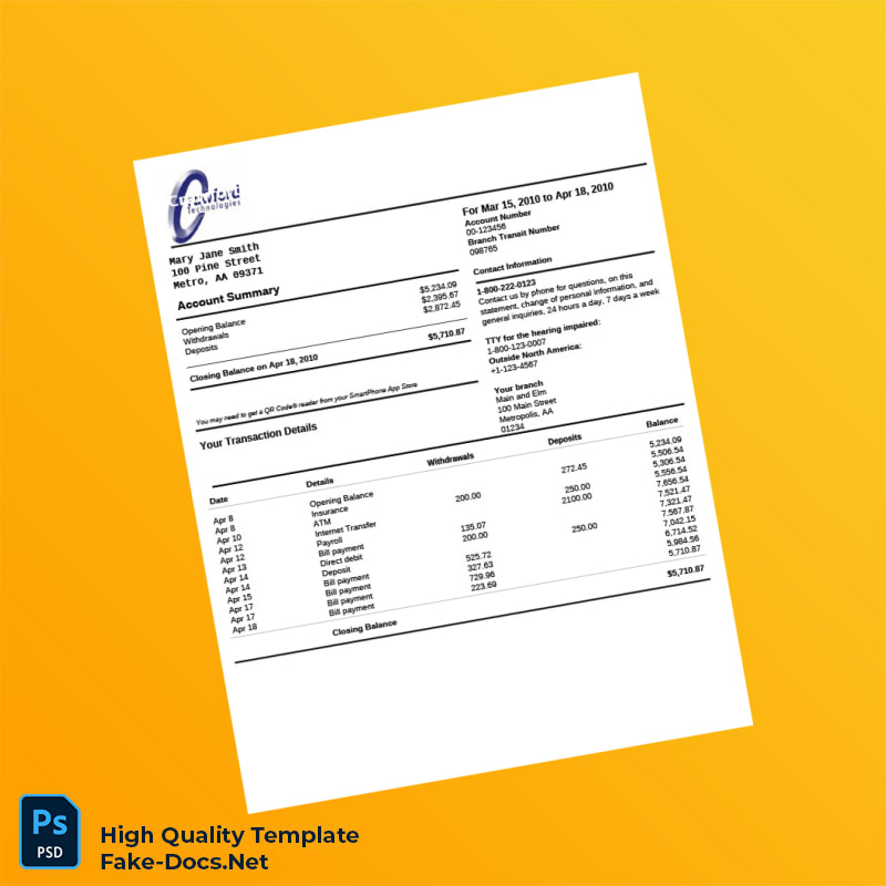 USA CrawfordTech Bank Statement Template in Word and PDF formats USA CrawfordTech Bank Statement Template in Word and PDF formats