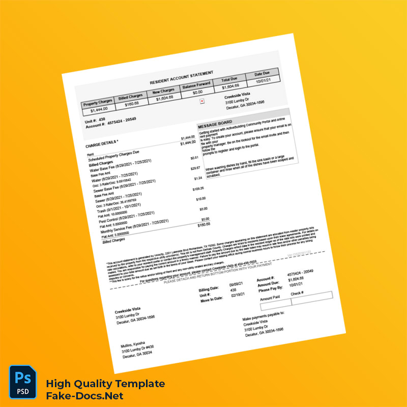 USA Creekside Vista Editable Utility Billing Statement Template in Word and PDF formats USA Creekside Vista Editable Utility Billing Statement Template in Word and PDF formats