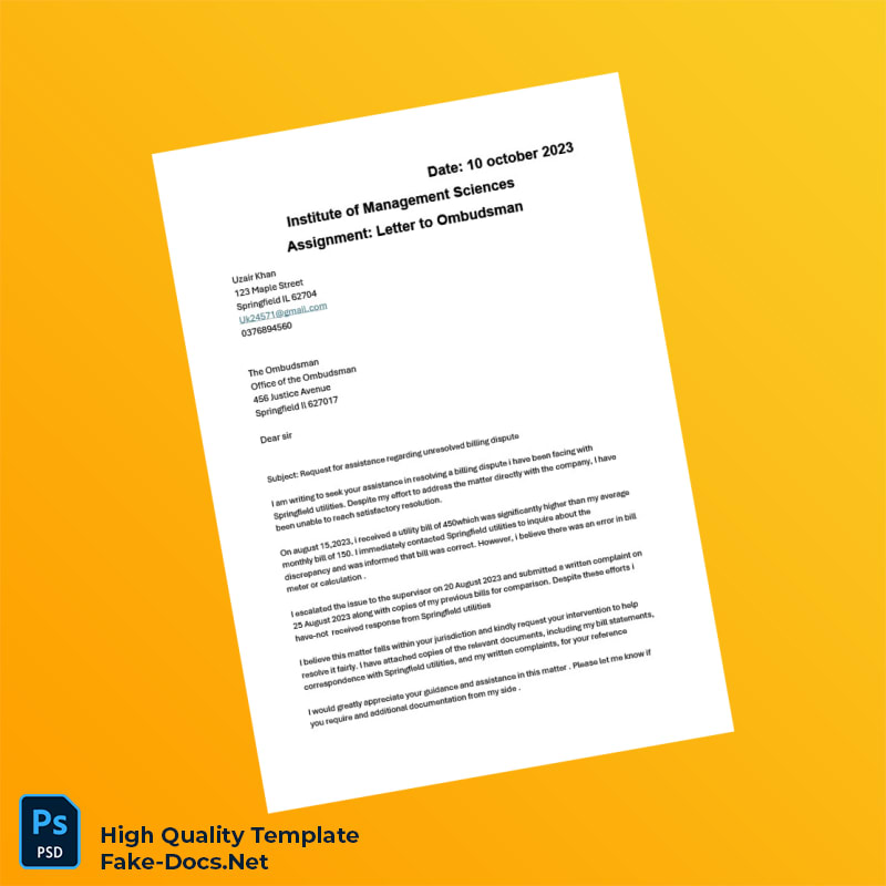 USA Editable Letter to Ombudsman Template in Word and PDF formats 2 page USA Editable Letter to Ombudsman Template in Word and PDF formats 2 page