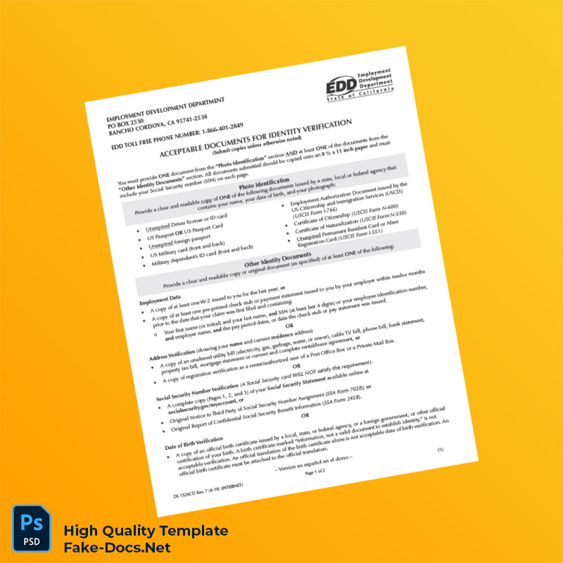 USA Employment Development Department Editable Identity Verification Document Template in Word and PDF formats 2 page USA Employment Development Department Editable Identity Verification Document Template in Word and PDF formats 2 page