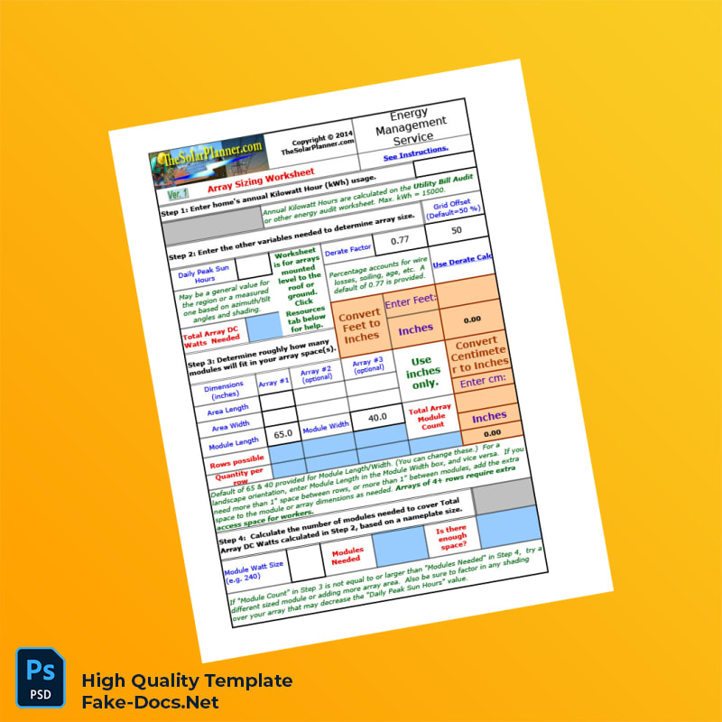 USA Energy Management Service Editable Array Sizing Workbook Template in Word and PDF formats 4 page USA Energy Management Service Editable Array Sizing Workbook Template in Word and PDF formats 4 page