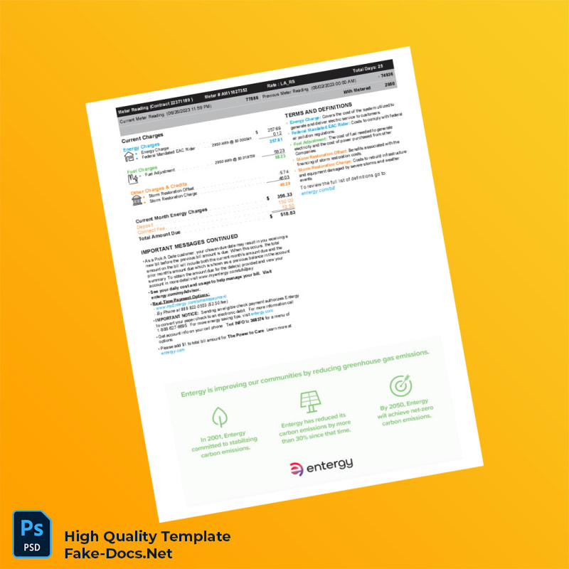 USA Entergy Louisiana Editable Electricity Bill Template in Word and PDF formats 2 page USA Entergy Louisiana Editable Electricity Bill Template in Word and PDF formats 2 page