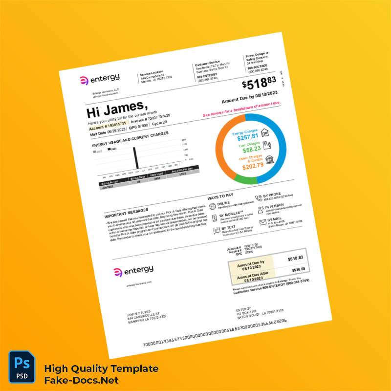 USA Entergy Louisiana Editable Electricity Bill Template in Word and PDF formats 2 page USA Entergy Louisiana Editable Electricity Bill Template in Word and PDF formats 2 page