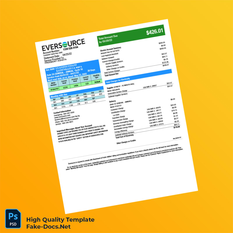 USA Eversource Editable Electricity Bill Template in Word and PDF formats 3 page USA Eversource Editable Electricity Bill Template in Word and PDF formats 3 page
