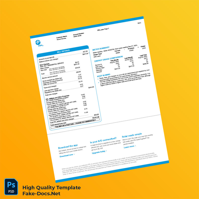 USA FPL Editable Electric Bill Template in Word and PDF formats 2 page USA FPL Editable Electric Bill Template in Word and PDF formats 2 page