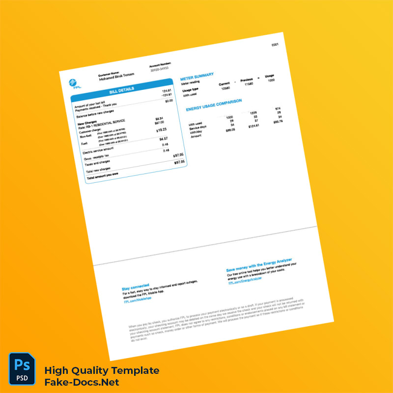 USA FPL Editable Utility Bill Template in Word and PDF formats 2 page USA FPL Editable Utility Bill Template in Word and PDF formats 2 page