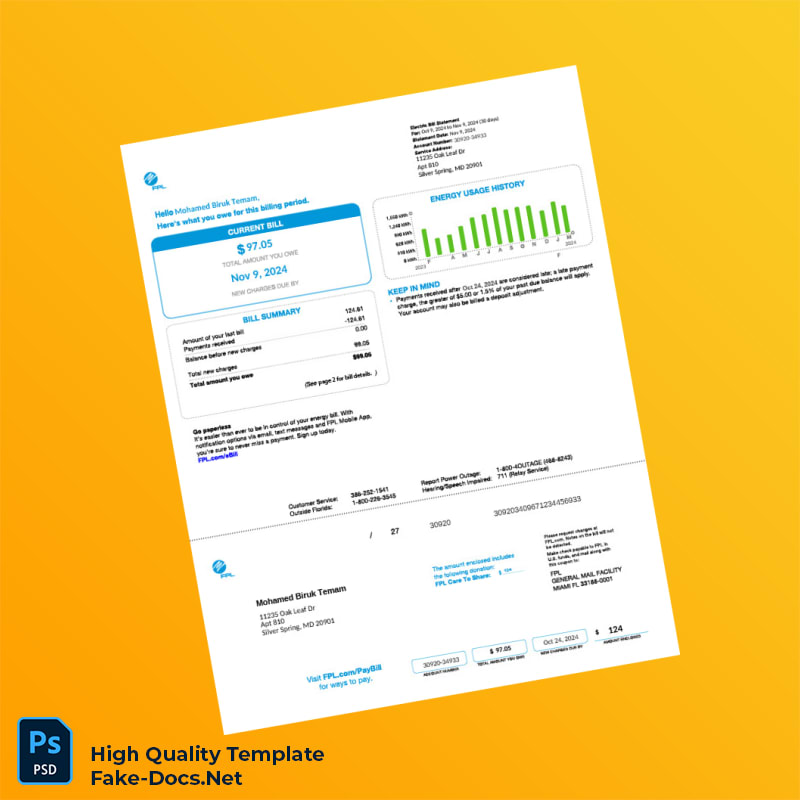 USA FPL Editable Utility Bill Template in Word and PDF formats 2 page USA FPL Editable Utility Bill Template in Word and PDF formats 2 page