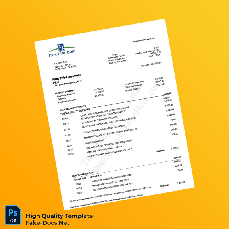 USA Fifth Third Bank Statement Template in Word and PDF formats 2 page USA Fifth Third Bank Statement Template in Word and PDF formats 2 page