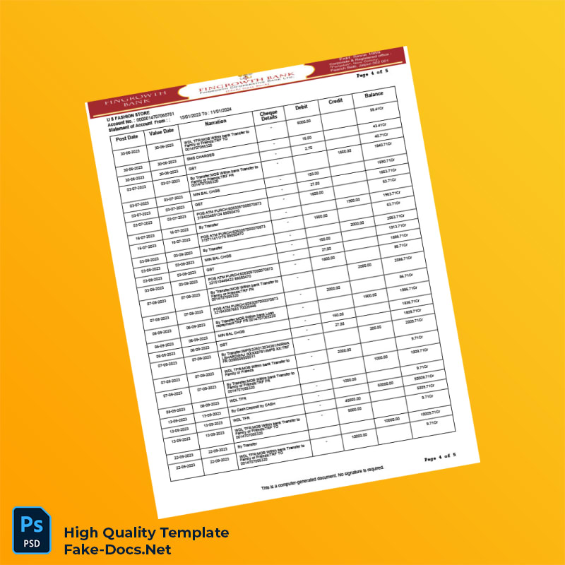 USA Fingrowth Co-op Bank Statement Template in Word and PDF formats 5 page USA Fingrowth Co-op Bank Statement Template in Word and PDF formats 5 page