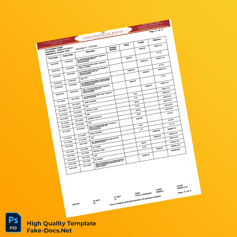 USA Fingrowth Co-op Bank Statement Template in Word and PDF formats 5 page USA Fingrowth Co-op Bank Statement Template in Word and PDF formats 5 page