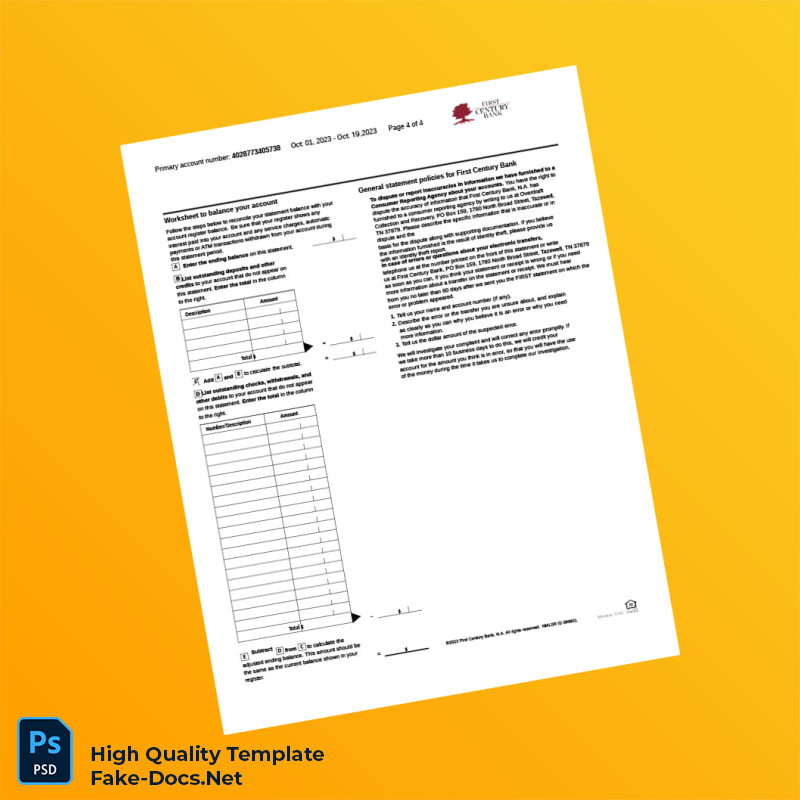 USA First Century Bank Account Statement Template in Word and PDF formats 4 page USA First Century Bank Account Statement Template in Word and PDF formats 4 page