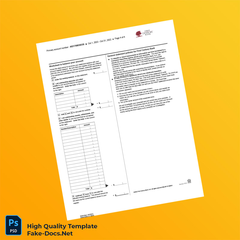 USA First Century Bank Combined Statement of Accounts Template in Word and PDF formats 4 page USA First Century Bank Combined Statement of Accounts Template in Word and PDF formats 4 page