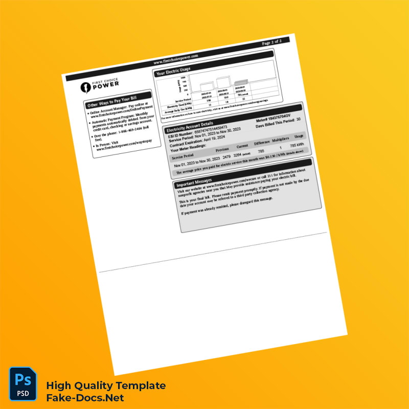 USA First Choice Power Editable Electricity Bill Template in Word and PDF formats 2 page USA First Choice Power Editable Electricity Bill Template in Word and PDF formats 2 page