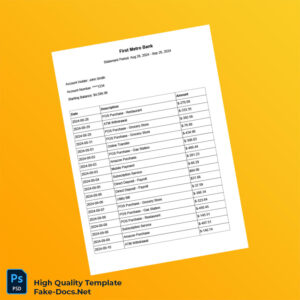 USA First Metro Bank Bank Statement Template in Word and PDF formats 2 page
