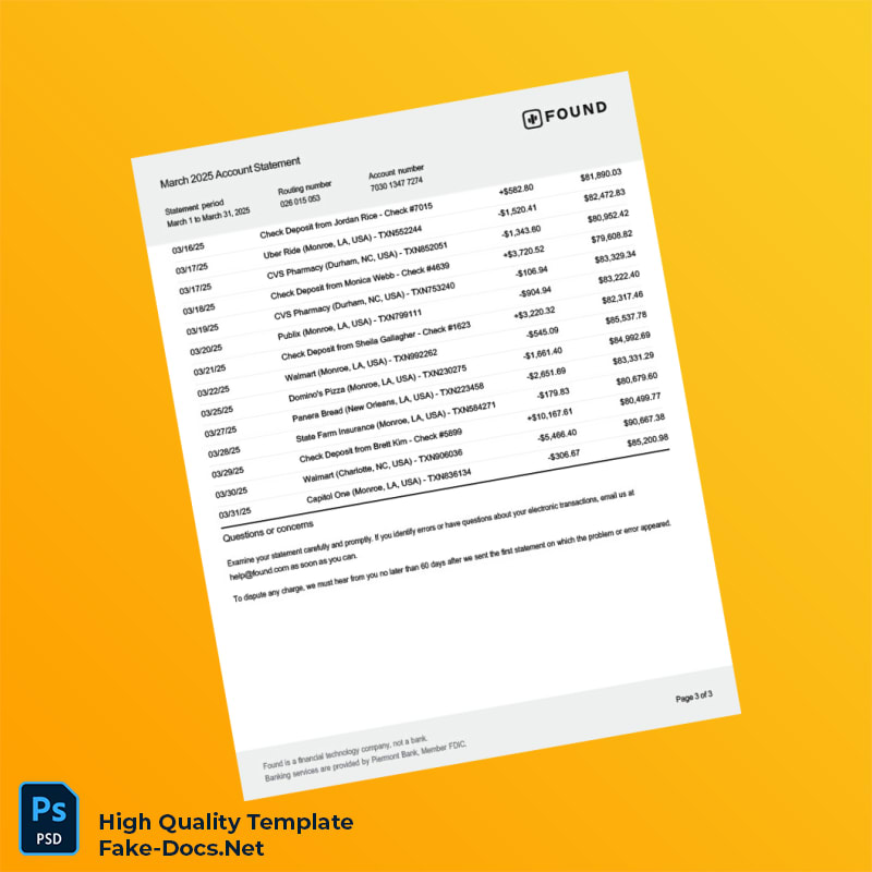 USA Found Bank Statement Template in Word and PDF formats 3 page USA Found Bank Statement Template in Word and PDF formats 3 page