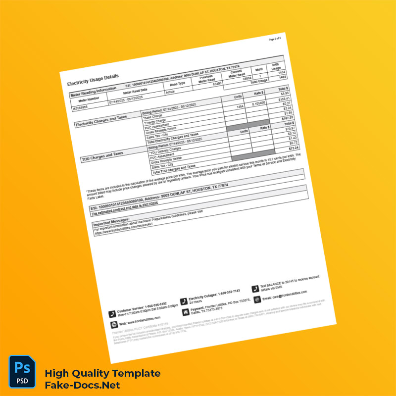 USA Frontier Utilities Editable Utility Bill Template in Word and PDF formats 2 page USA Frontier Utilities Editable Utility Bill Template in Word and PDF formats 2 page