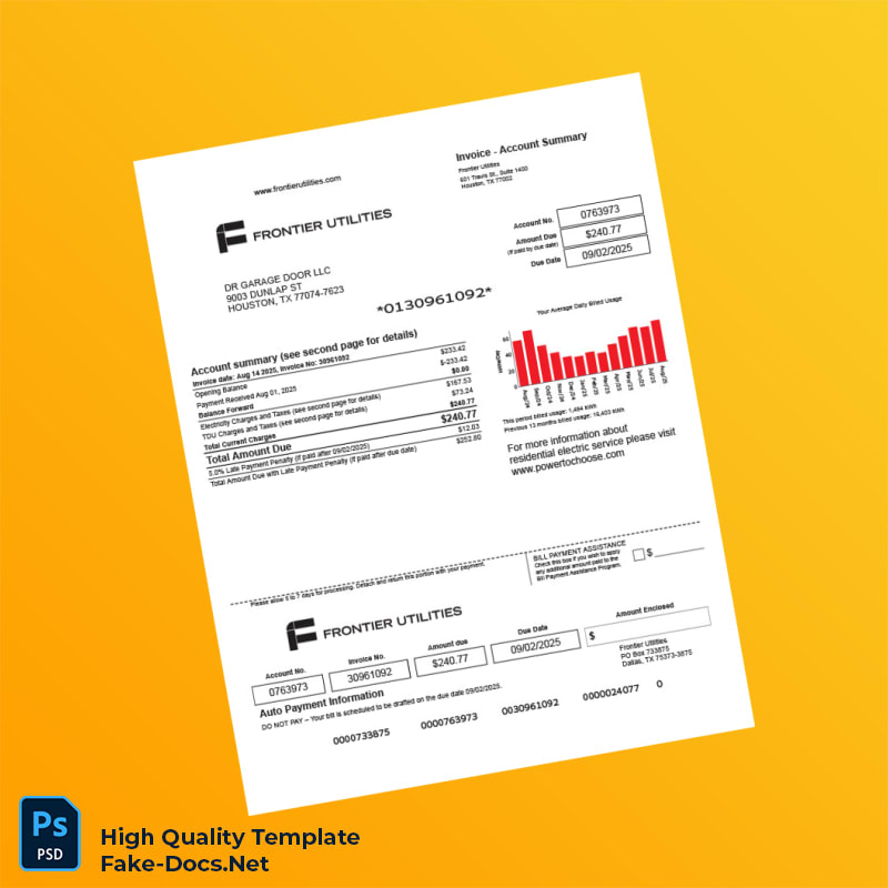 USA Frontier Utilities Editable Utility Bill Template in Word and PDF formats 2 page USA Frontier Utilities Editable Utility Bill Template in Word and PDF formats 2 page