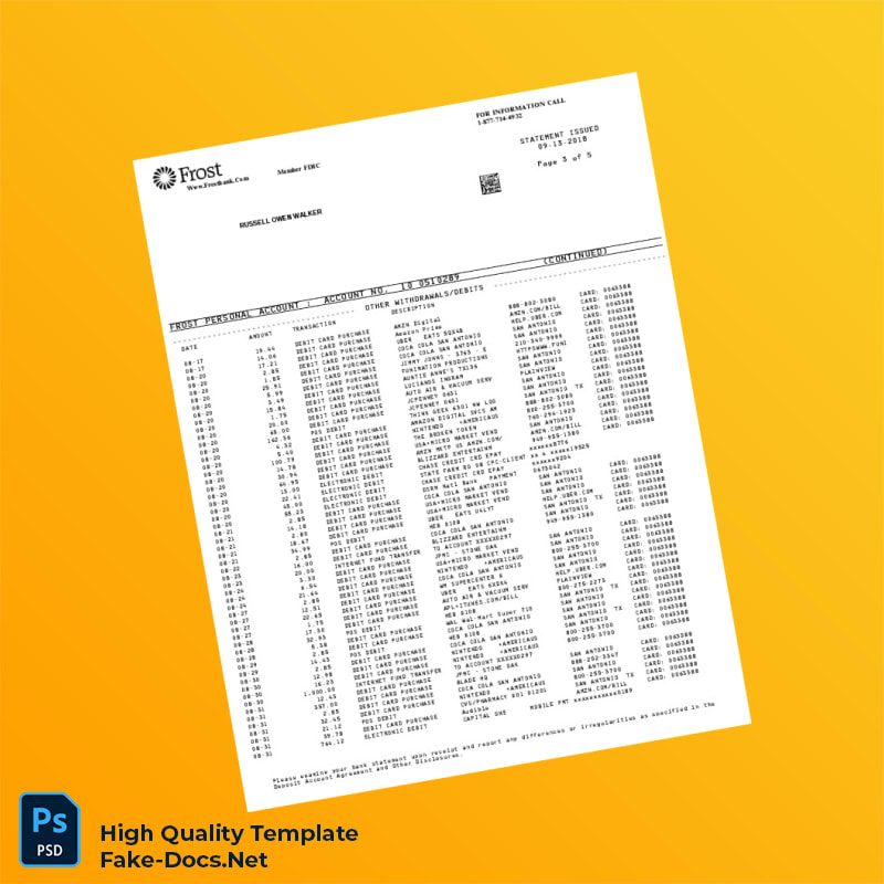 USA Frost Bank Statement Template in Word and PDF formats 6 page USA Frost Bank Statement Template in Word and PDF formats 6 page