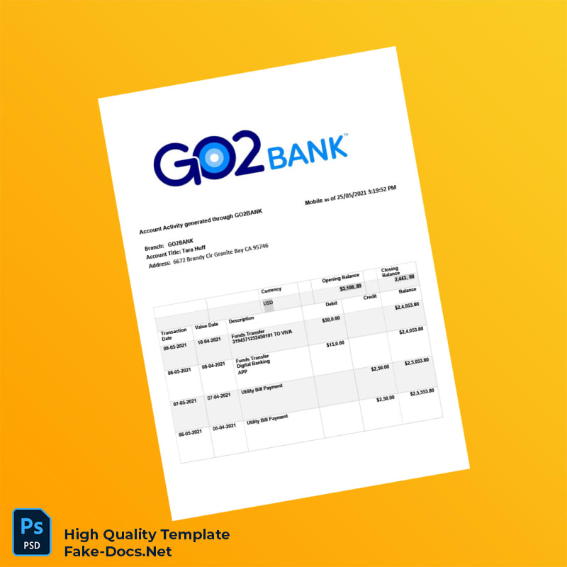 USA GO2BANK Editable Bank Statement Template in Word and PDF formats 2 page USA GO2BANK Editable Bank Statement Template in Word and PDF formats 2 page