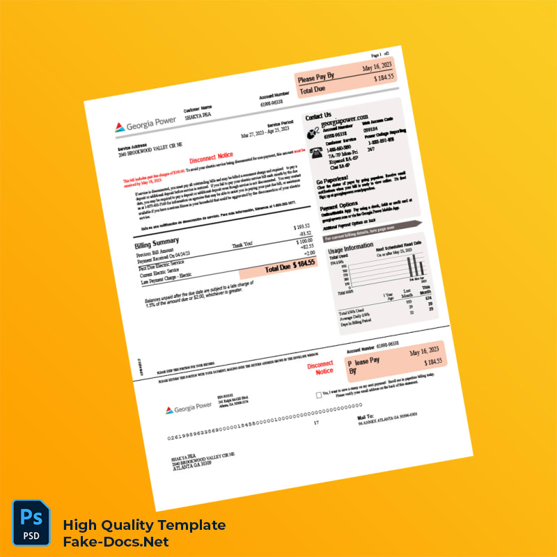 USA Georgia Power Editable Electricity Bill Template in Word and PDF formats 3 page USA Georgia Power Editable Electricity Bill Template in Word and PDF formats 3 page