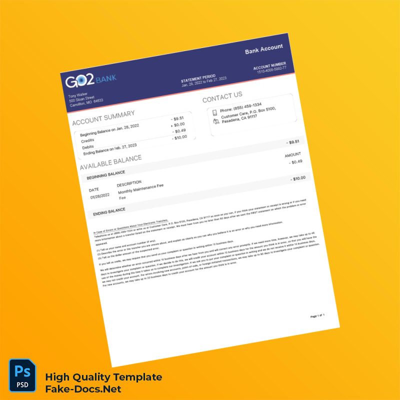 USA Go2 Bank Statement Template in Word and PDF formats USA Go2 Bank Statement Template in Word and PDF formats