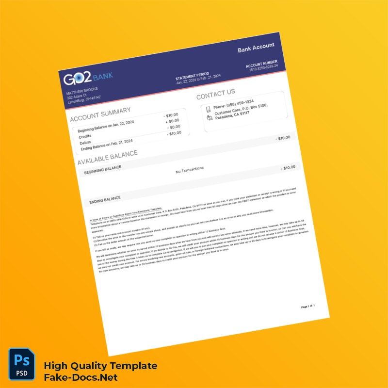 USA Go2bank Bank Statement Template in Word and PDF formats USA Go2bank Bank Statement Template in Word and PDF formats