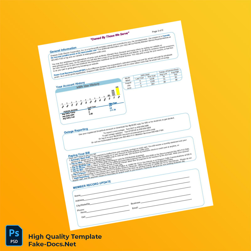 USA Grayson-Collin Electric Cooperative Editable Electricity Bill Template in Word and PDF formats 2 page USA Grayson-Collin Electric Cooperative Editable Electricity Bill Template in Word and PDF formats 2 page