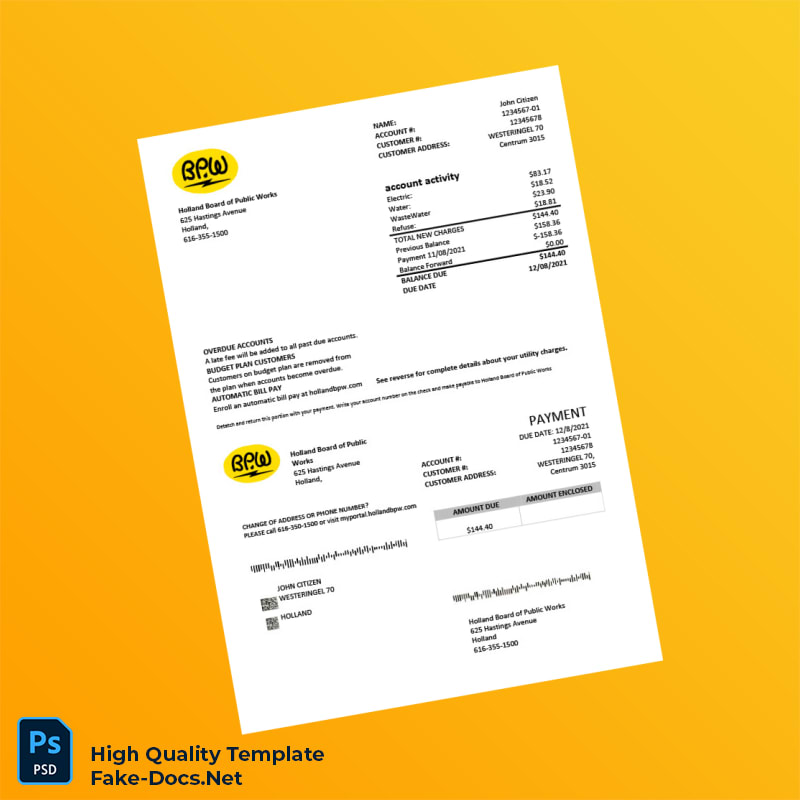 USA Holland Board of Public Works Editable Utility Bill Template in Word and PDF formats USA Holland Board of Public Works Editable Utility Bill Template in Word and PDF formats