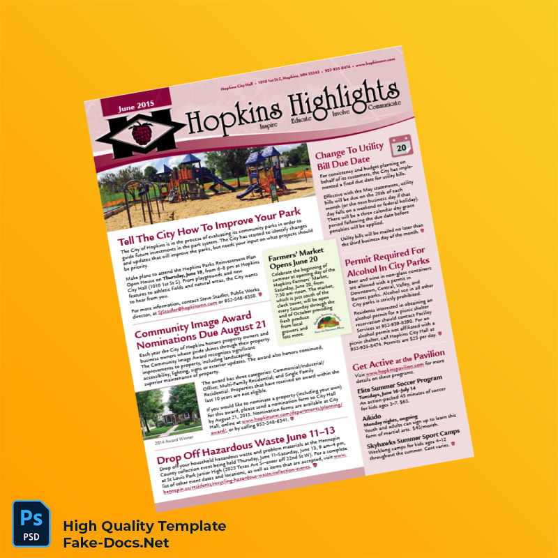 USA Hopkins Editable City Newsletter Template in Word and PDF formats 2 page USA Hopkins Editable City Newsletter Template in Word and PDF formats 2 page