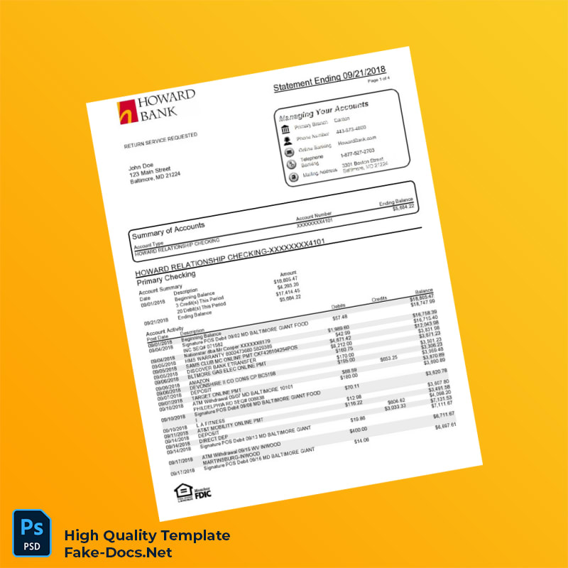 USA Howard Bank Statement Template in Word and PDF formats USA Howard Bank Statement Template in Word and PDF formats