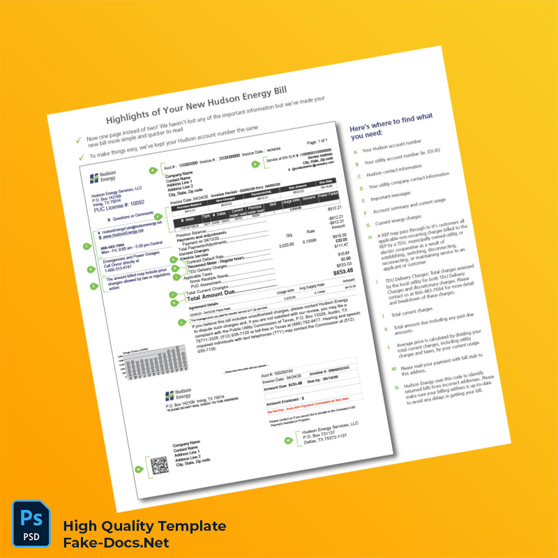 USA Hudson Energy Services LLC Editable Utility Bill Template in Word and PDF formats USA Hudson Energy Services LLC Editable Utility Bill Template in Word and PDF formats