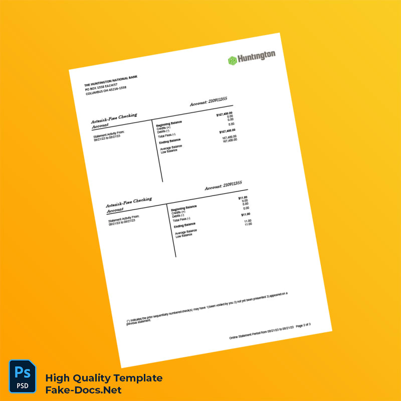 USA Huntington Bank Statement Template in Word and PDF formats 3 page USA Huntington Bank Statement Template in Word and PDF formats 3 page
