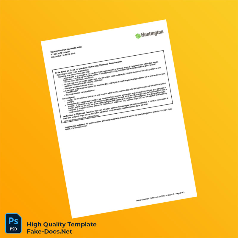 USA Huntington Bank Statement Template in Word and PDF formats 3 page USA Huntington Bank Statement Template in Word and PDF formats 3 page
