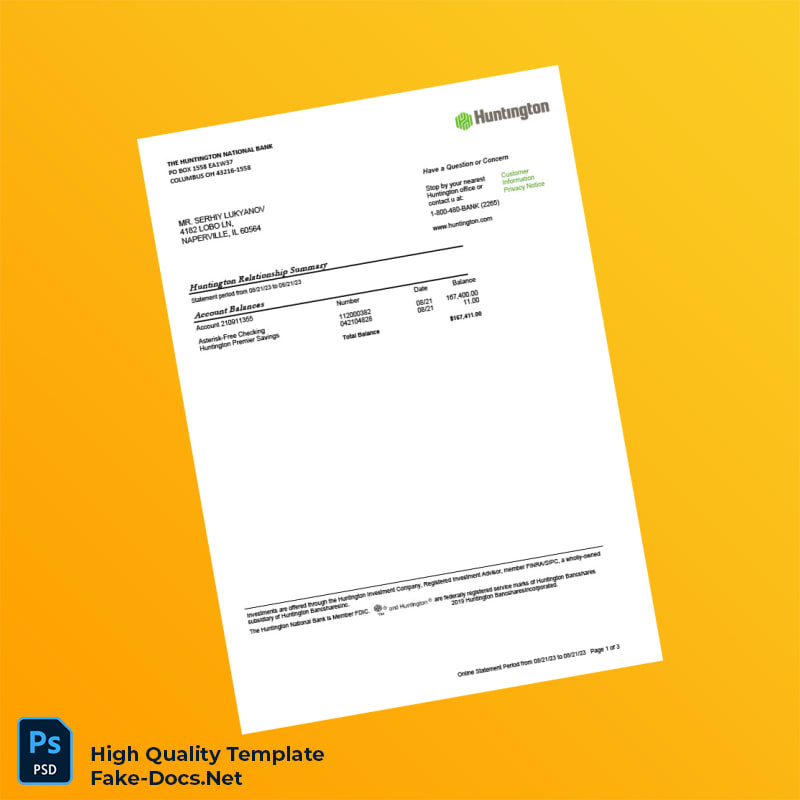 USA Huntington Bank Statement Template in Word and PDF formats 3 page USA Huntington Bank Statement Template in Word and PDF formats 3 page