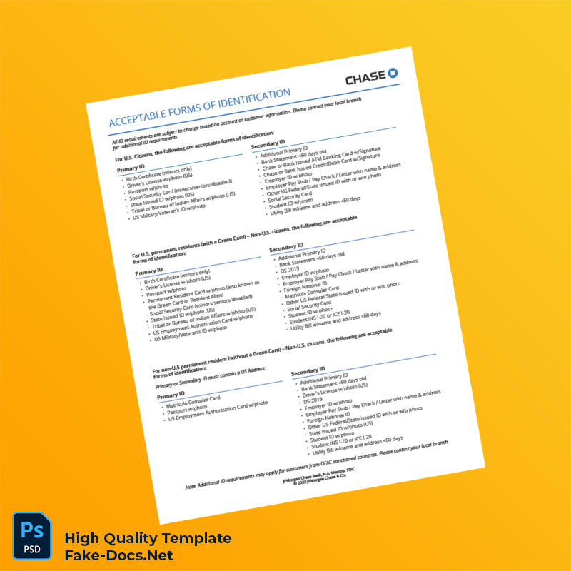 USA JPMorgan Chase Bank Editable Identification Document Template in Word and PDF formats USA JPMorgan Chase Bank Editable Identification Document Template in Word and PDF formats