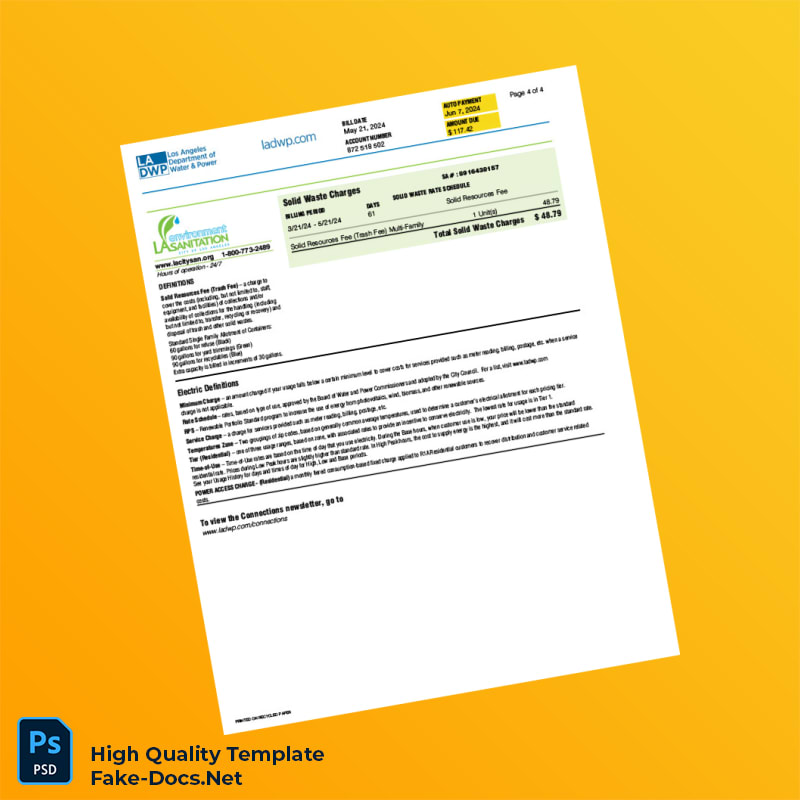 USA Los Angeles Department of Water and Power Editable Bill Template in Word and PDF formats 4 page USA Los Angeles Department of Water and Power Editable Bill Template in Word and PDF formats 4 page