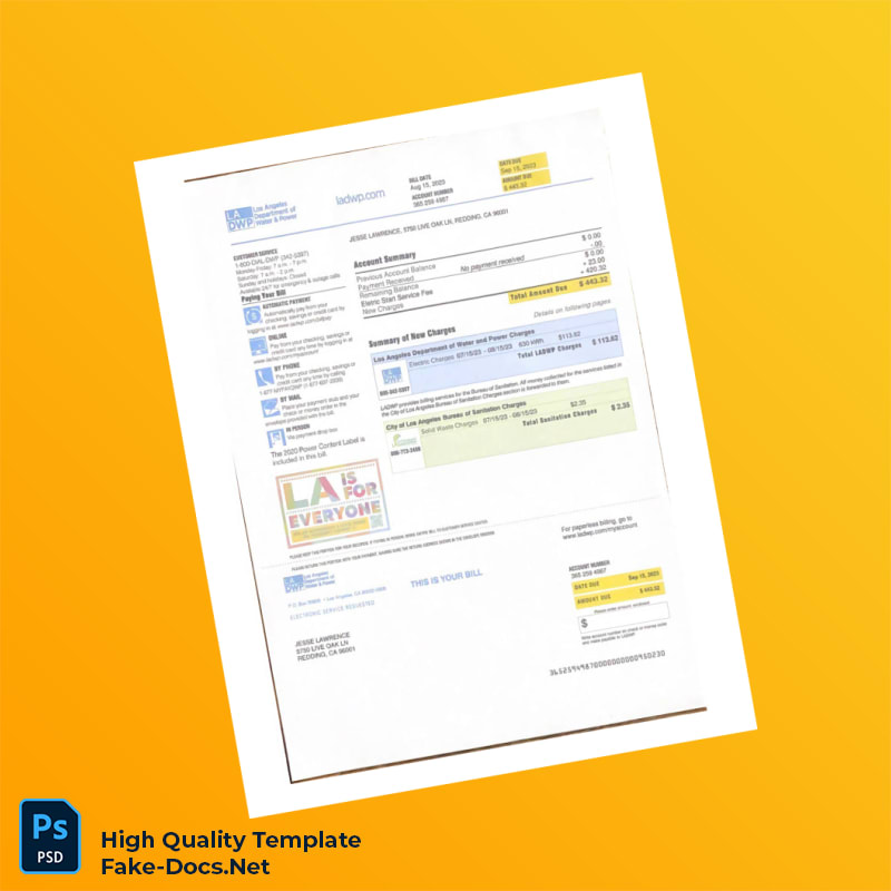 USA Los Angeles Department of Water and Power Editable Utility Bill Template in Word and PDF formats USA Los Angeles Department of Water and Power Editable Utility Bill Template in Word and PDF formats