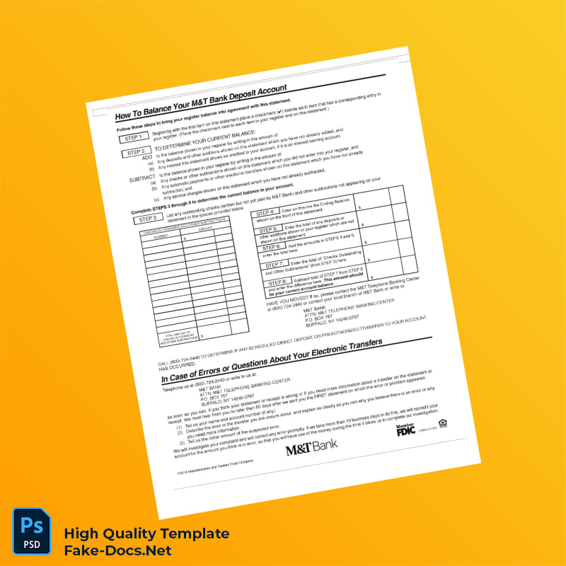USA M T Bank Statement Template in Word and PDF formats 7 page USA M T Bank Statement Template in Word and PDF formats 7 page