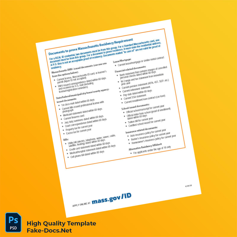 USA Massachusetts Registry of Motor Vehicles Editable Identity Document Template in Word and PDF formats 2 page USA Massachusetts Registry of Motor Vehicles Editable Identity Document Template in Word and PDF formats 2 page