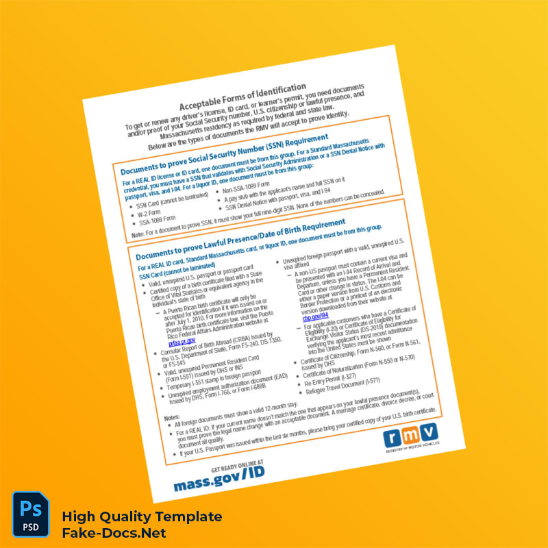 USA Massachusetts Registry of Motor Vehicles Editable Identity Document Template in Word and PDF formats 2 page USA Massachusetts Registry of Motor Vehicles Editable Identity Document Template in Word and PDF formats 2 page