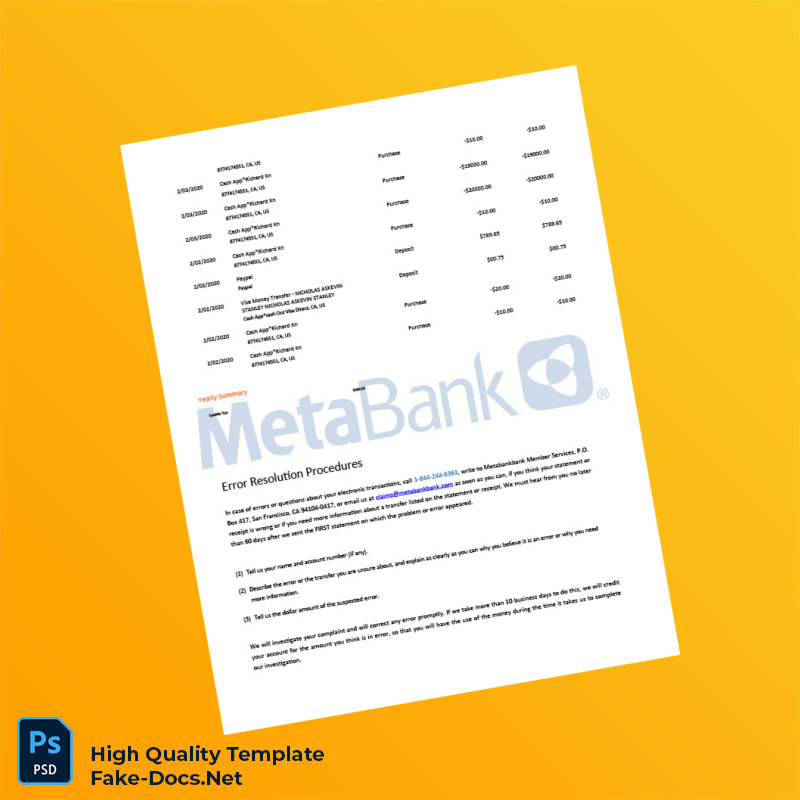 USA Metabank Checking Account Statement Template in Word and PDF formats 4 page USA Metabank Checking Account Statement Template in Word and PDF formats 4 page