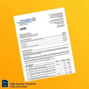 USA Metropolitan Commercial Bank Statement Template in Word and PDF formats 2 page