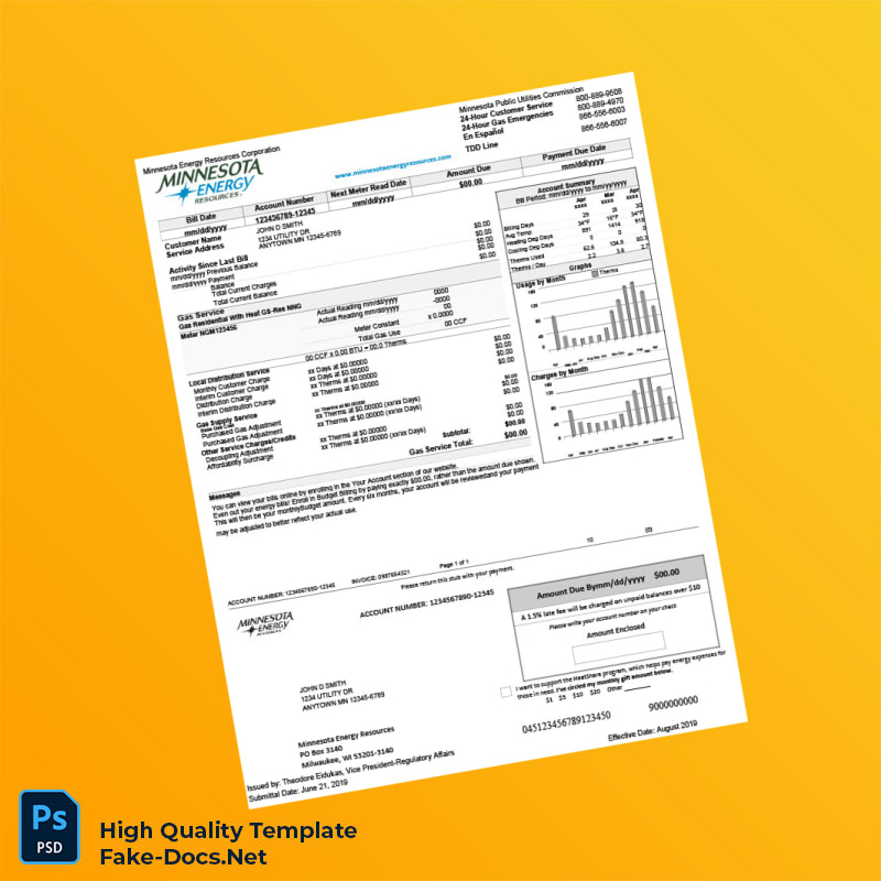 USA Minnesota Energy Resources Corporation Editable Gas Bill Template in Word and PDF formats 2 page USA Minnesota Energy Resources Corporation Editable Gas Bill Template in Word and PDF formats 2 page