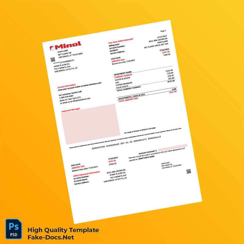 USA Minol Editable Utility Business Bill Template in Word and PDF formats USA Minol Editable Utility Business Bill Template in Word and PDF formats