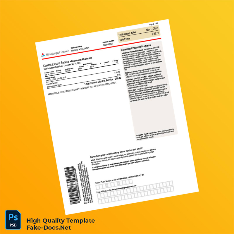 USA Mississippi Power Editable Bill Template in Word and PDF formats 2 page USA Mississippi Power Editable Bill Template in Word and PDF formats 2 page